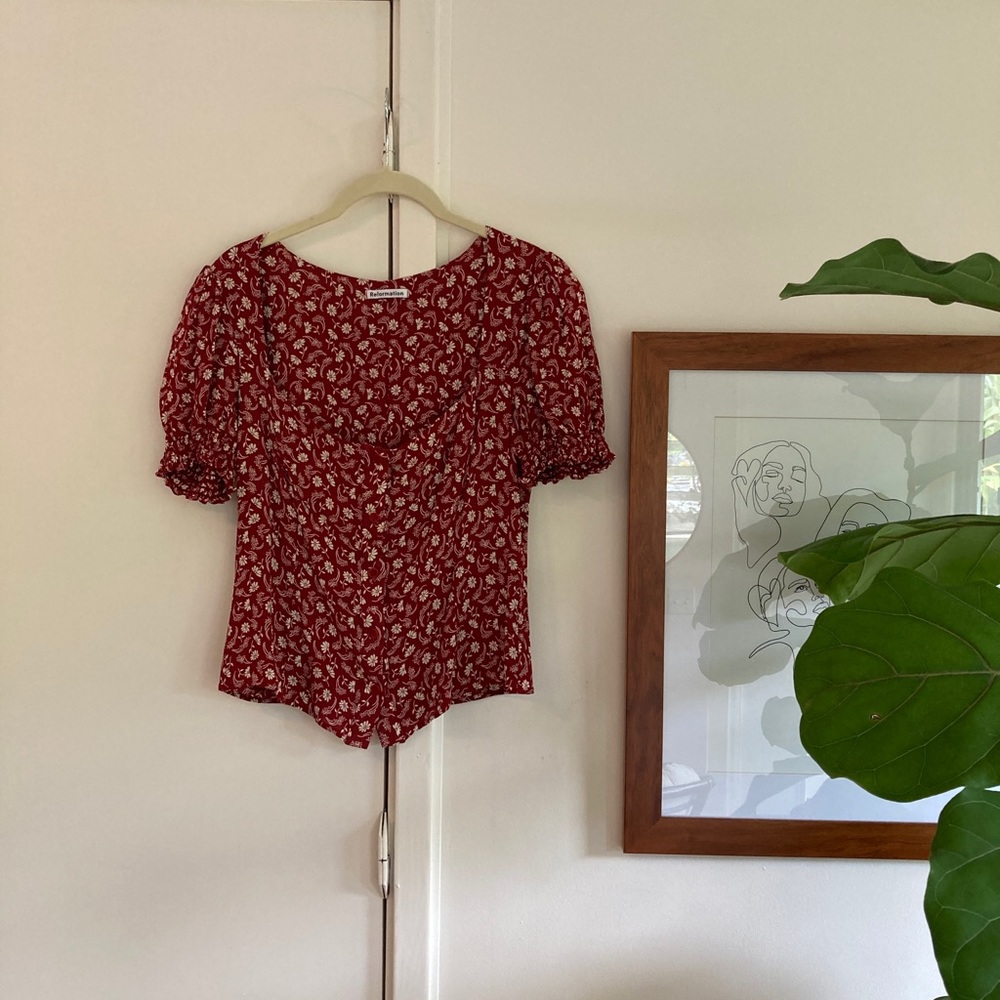 Reformation Puff Sleeve Button Front Blouse